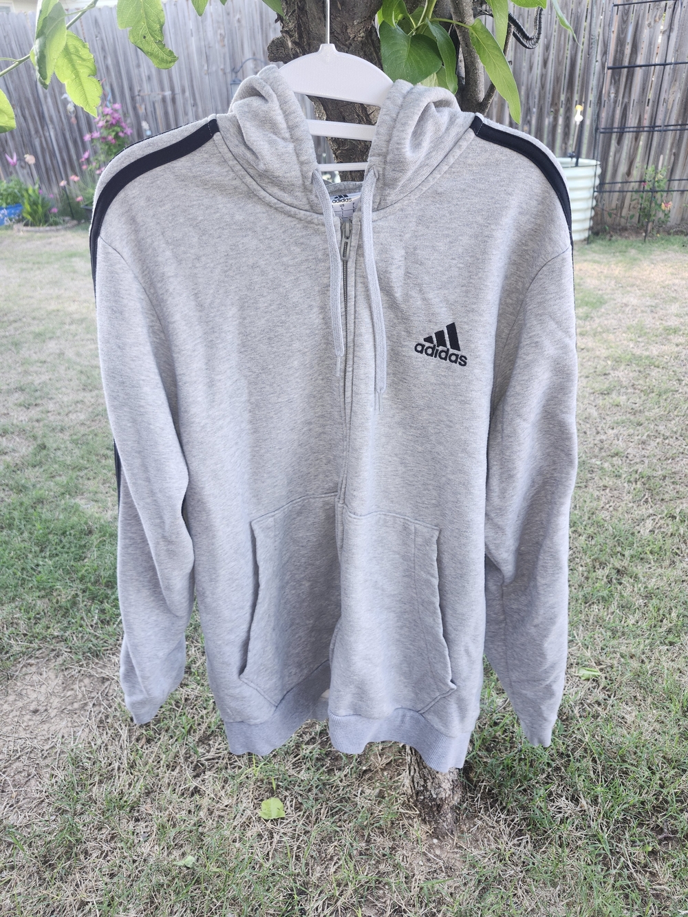 Adidas Gray Hooded Pullover Sweatshirt with Black Stripe